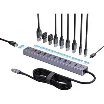 Renkforce RF-7465830 hub USB 3.0 interno USB-C a 10 porte, 5 Gbit/s, alimentato SATA, grigio