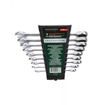 ROCKFORCE set 9 pezzi chiavi a cricchetto metriche, acciaio cromo-vanadio, 72 denti, 8-22 mm, norma DIN