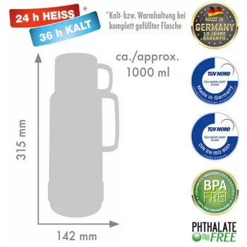 ROTPUNKT Caraffa termica sottovuoto in vetro 1,0 l Shiny Fox Red