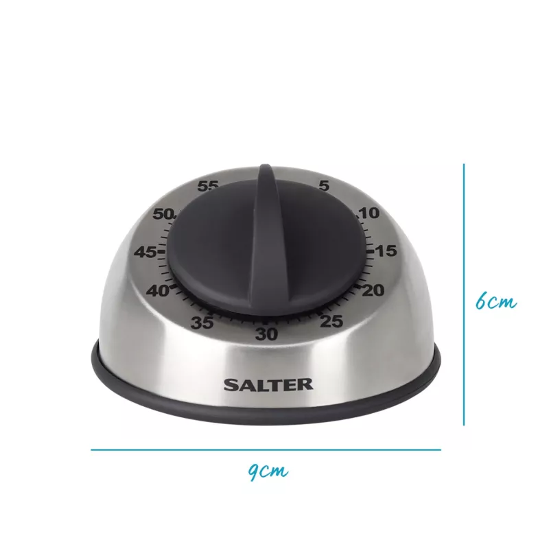 Salter 338 SSBKXR15 Timer meccanico in acciaio inox - timer a carica da 60 minuti con segnale acustico, argento