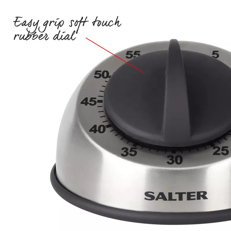 Salter 338 SSBKXR15 Timer meccanico in acciaio inox - timer a carica da 60 minuti con segnale acustico, argento