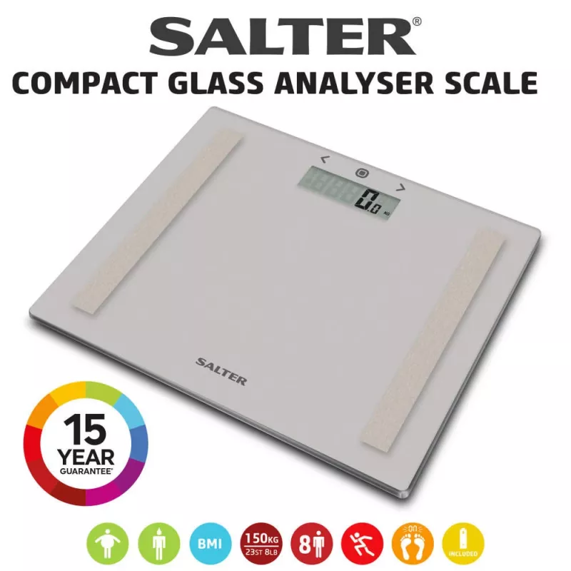 Salter 9113 GFEU12 bilancia da bagno compatta in vetro con analisi, grigio