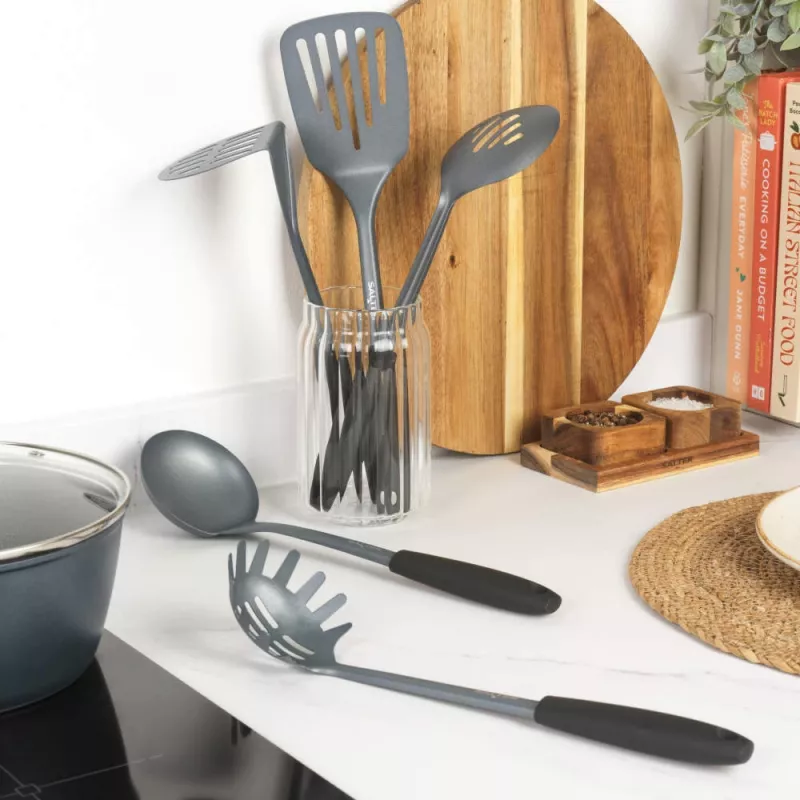 Salter BW13601DU set di utensili da cucina Excellence da 5 pezzi con supporto girevole, nero e argento