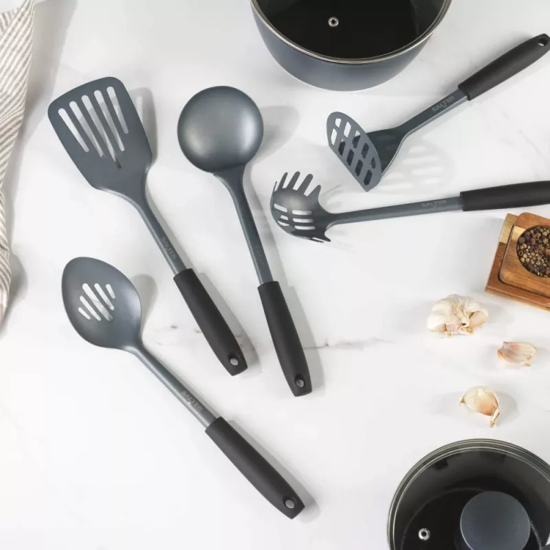 Salter BW13601DU set di utensili da cucina Excellence da 5 pezzi con supporto girevole, nero e argento