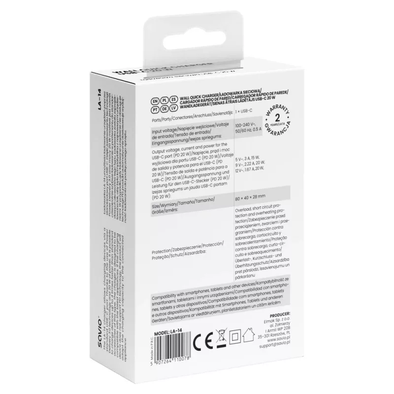 SAVIO LA-14 Caricabatterie da parete 20W con Power Delivery 3.0