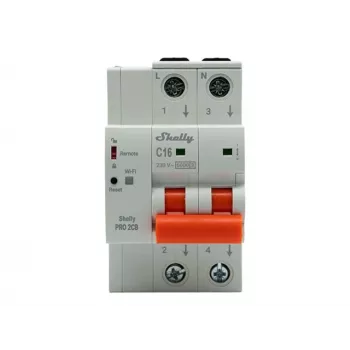 Shelly Pro 2CB C16 interruttore magnetotermico miniaturizzato smart, 2 poli, 16A, curva C, 6kA, WLAN/LAN/Bluetooth, misurazione energia, guida DIN