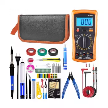 Set stazione di saldatura valigia grande E6180 – saldatore ceramico regolabile 60 W con 6 punte, pompa dissaldante, supporto, flussante, pinzetta, stagno, guaina termorestringente, cacciaviti, spugna in valigia rigida