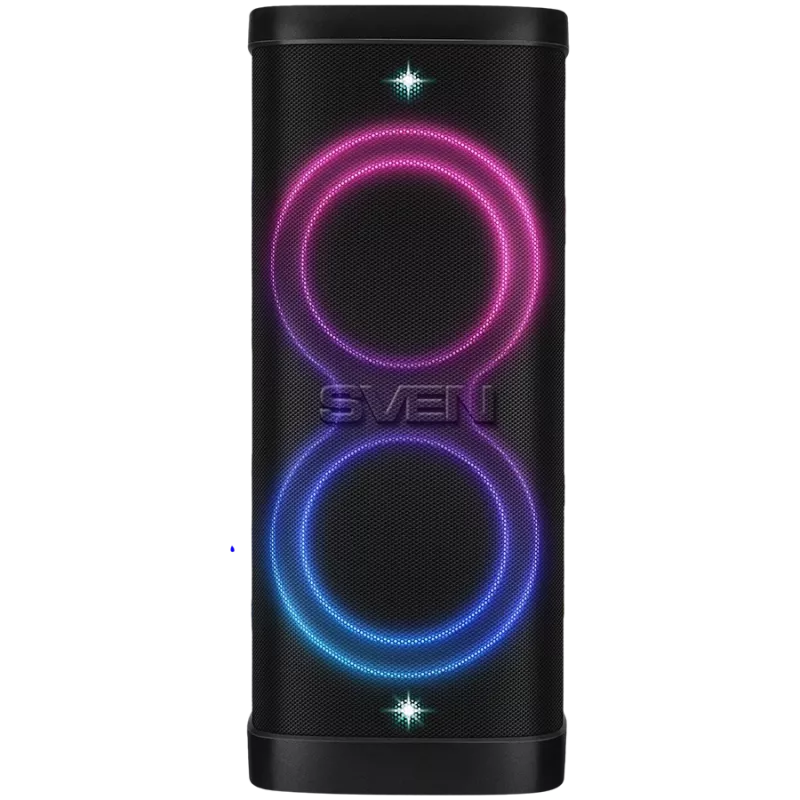 Altoparlante Party-Box SVEN PS-1250, nero (300W, TWS, IPx4, Bluetooth, FM, USB, microSD, display LED, 13500mAh)