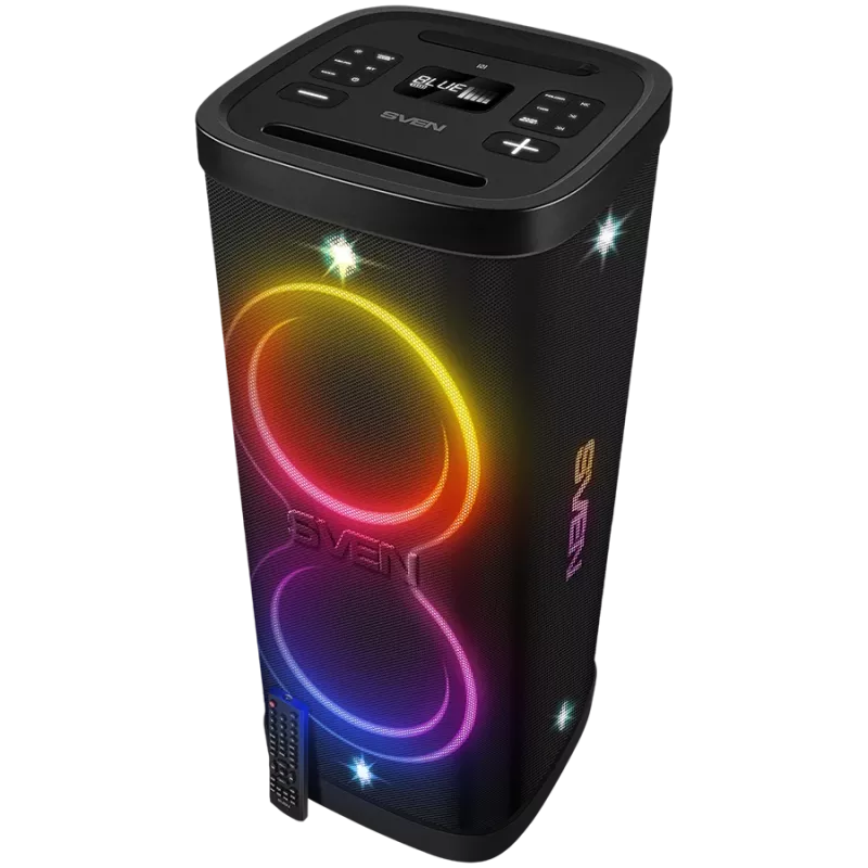 Altoparlante Party-Box SVEN PS-1250, nero (300W, TWS, IPx4, Bluetooth, FM, USB, microSD, display LED, 13500mAh)