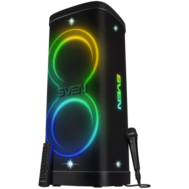 Altoparlante Party-Box SVEN PS-1250, nero (300W, TWS, IPx4, Bluetooth, FM, USB, microSD, display LED, 13500mAh)