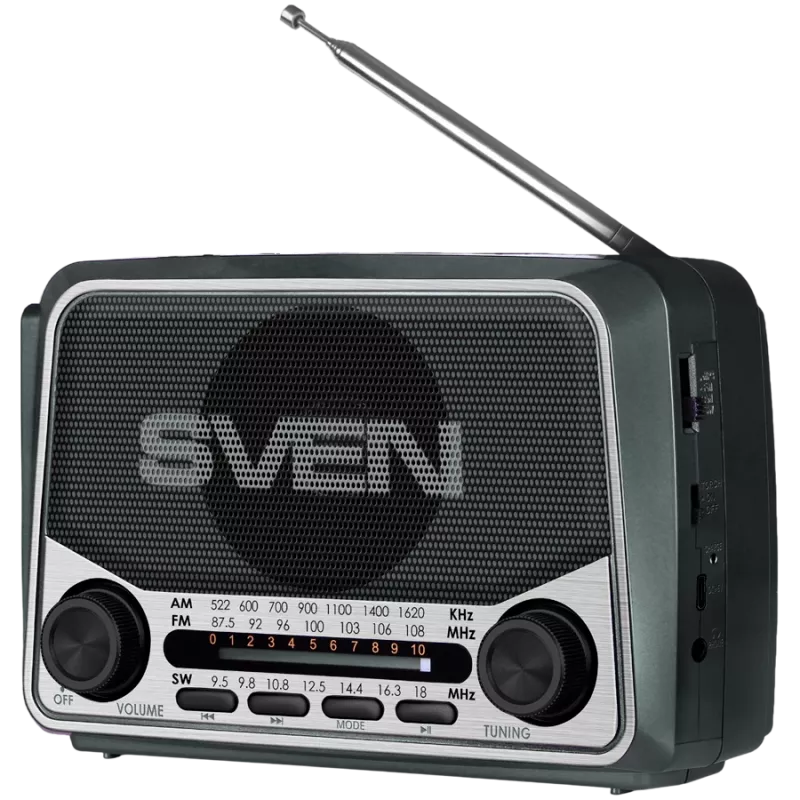 Altoparlante SVEN SRP-150, grigio (3W, Bluetooth, FM/AM/SW, USB, microSD, torcia, batteria)