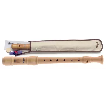 Stagg SREC3GERWD flauto dolce soprano in acero, diteggiatura tedesca, in C, smontabile in 3 pezzi, finitura legno naturale, con custodia in cotone e asta per pulizia