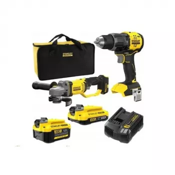 STANLEY V20 18V set twin a batteria – SFMCD716 trapano avvitatore a percussione brushless + SFMCG400 smerigliatrice angolare brushless, batterie 2.0Ah e 4.0Ah, caricabatterie, softbag