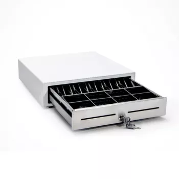 STAR MICRONICS CD4-1616WTSSC48-S2 Cassetto portavalori, bianco, frontale in acciaio inox, 4 scomparti banconote/8 monete/2 assegni, apertura frontale, retail, dimensioni (LxAxP): 410x114x415 mm, incl. cavo RJ12