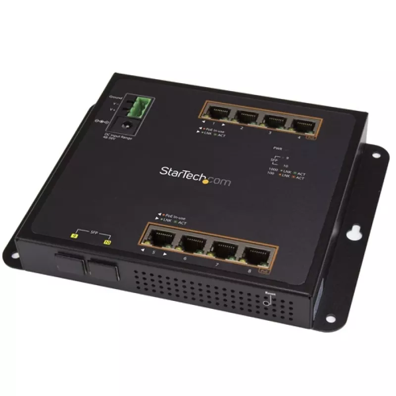 StarTech.com switch industriale managed 8 porte PoE+ Gigabit Ethernet con 2 porte SFP - montaggio a parete con accesso frontale