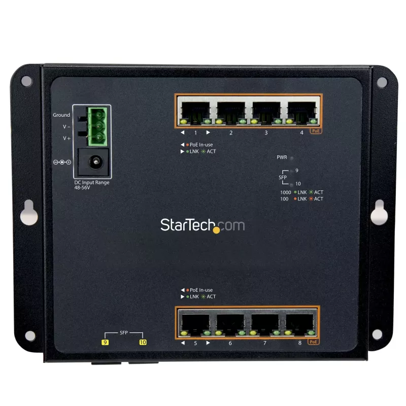 StarTech.com switch industriale managed 8 porte PoE+ Gigabit Ethernet con 2 porte SFP - montaggio a parete con accesso frontale