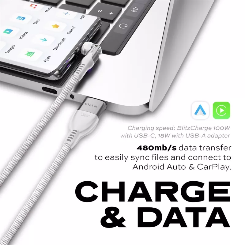 STATIK PowerPivot Pro Cavo in nylon intrecciato, USB-C a USB-C, 3m, bianco