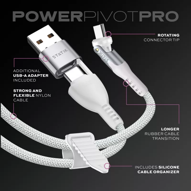 STATIK PowerPivot Pro Cavo in nylon intrecciato, USB-C a USB-C, 3m, bianco