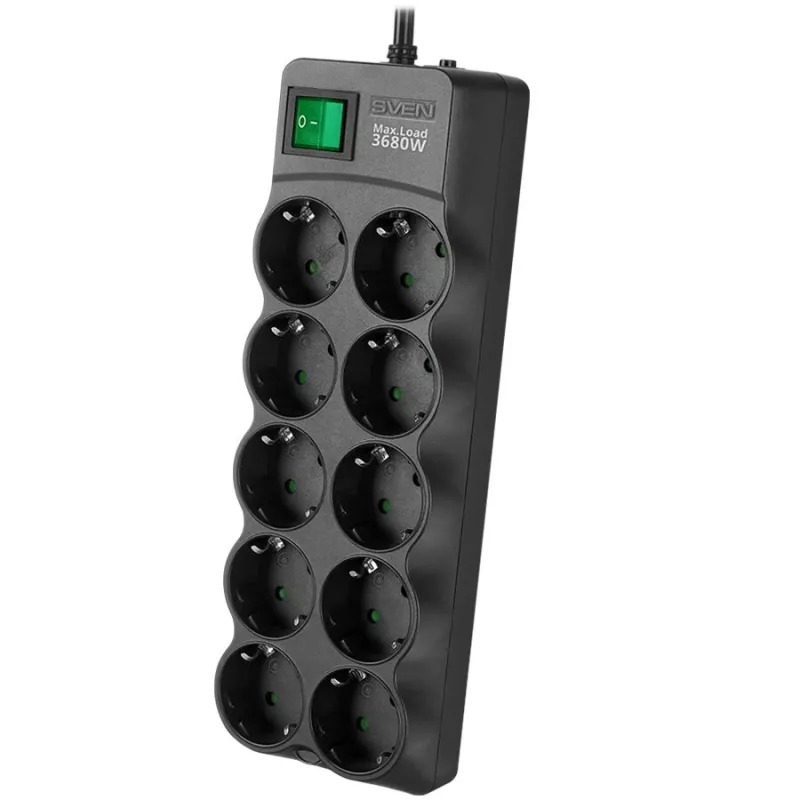 SVEN SF-10E-16 ciabatta con protezione da sovratensione, 10 prese, 16A, 3,6kW, 1,8m, nero