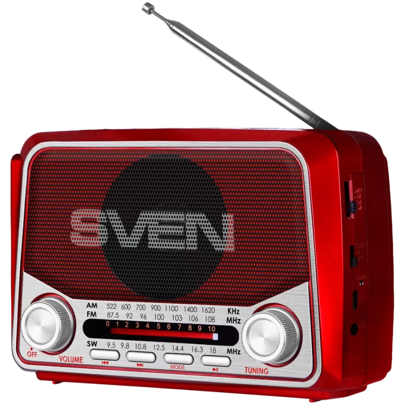 SVEN SRP-150 altoparlante portatile, rosso (3W, Bluetooth, FM/AM/SW, USB, microSD, torcia, batteria)