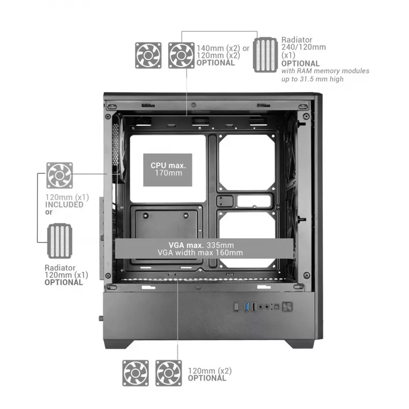 TACENS MARS MC-QUANTUM case Mid-Tower ATX con 3 ventole FDB da 120mm + 1 ventola ARGB da 120mm, USB-C, vetro temperato, nero