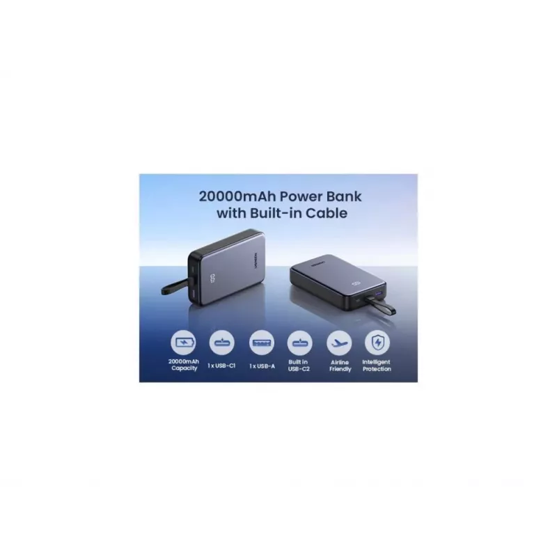 UGREEN Power Bank 20000mAh 20W 45762 Built-in Cable grigio