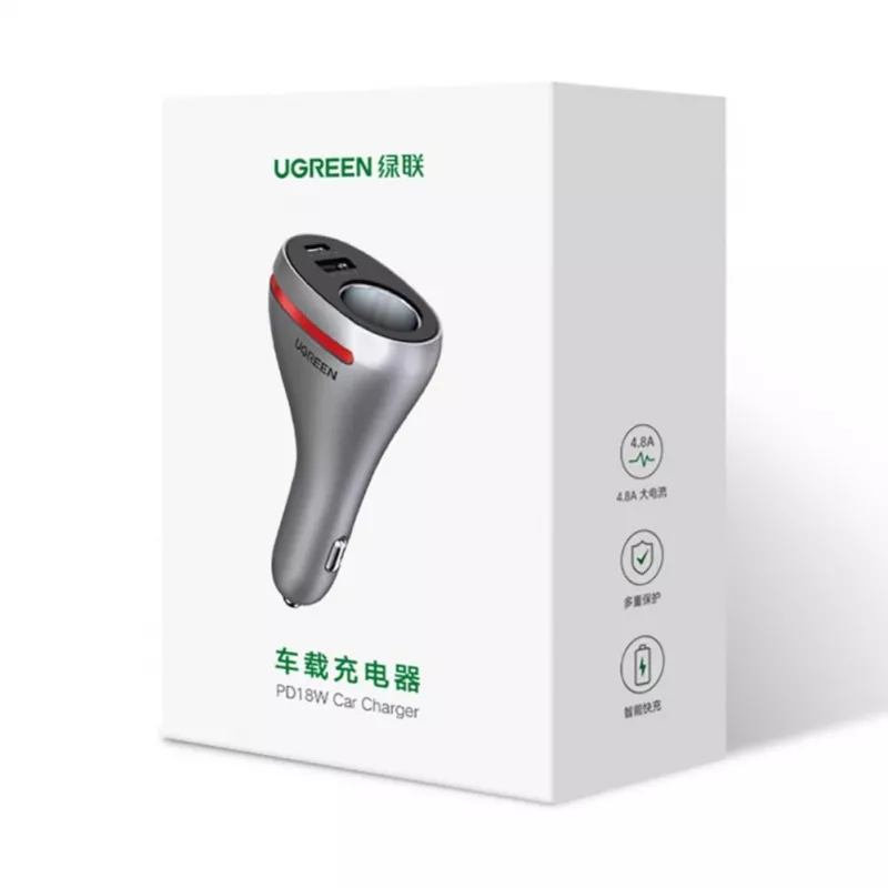 UGREEN caricabatterie auto USB Type-C / USB QC PD 24W con presa accendisigari 12V argento (CD204)