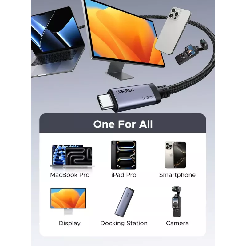 UGREEN Cavo USB4 USB-C a USB-C 240W 40Gbps 16K@60Hz 80Gbps compatibile Thunderbolt 4 1m nylon intrecciato
