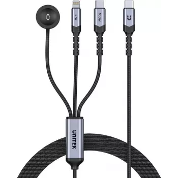 UNITEK Cavo di ricarica 3-in-1 USB-C + Lightning + Apple Watch, 100W PD, 480 Mbps, 1,2 m, nero