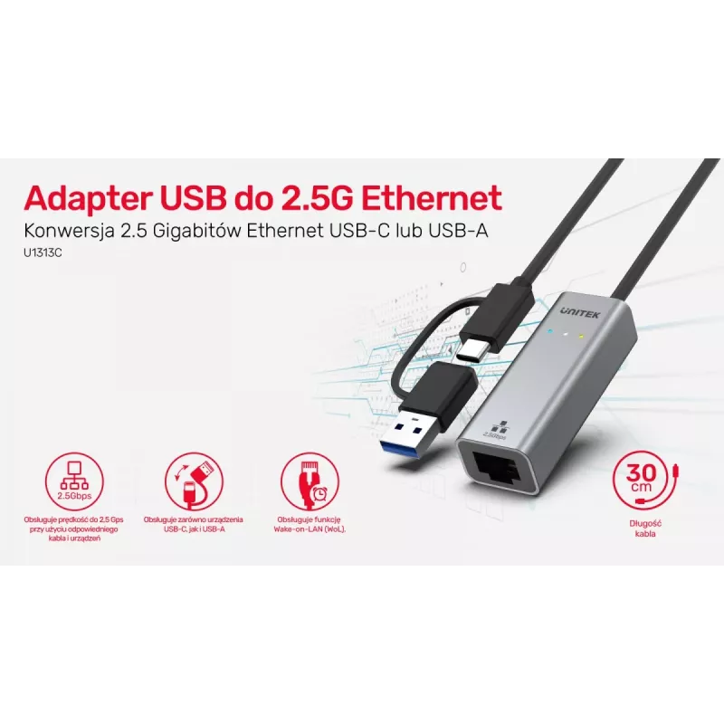 UNITEK Adattatore USB-A/C 3.1 Gen 1 a RJ45 2.5 Gigabit Ethernet U1313C