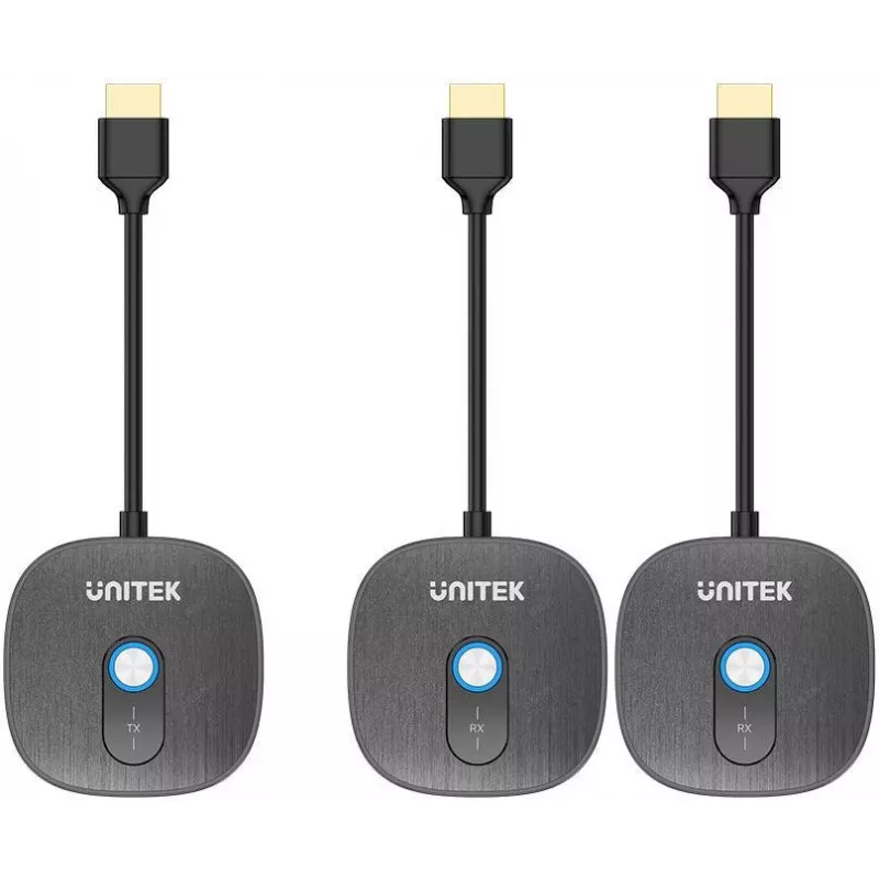 UNITEK Sistema trasmettitore wireless HDMI 1080p AV, 1 trasmettitore + 2 ricevitori, nero