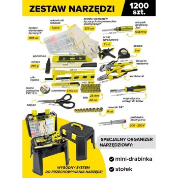 Set universale di utensili e fissaggi da 1200 pezzi, 1/4 inch a 6 punti con cricchetto, bussole, cacciaviti, chiavi, chiavi esagonali, pinze, martello, coltello, metro a nastro, livella, viti, dadi, rondelle, tasselli, chiodi, nastro isolante, fascette in valigetta