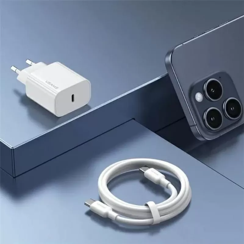 USAMS Serie Yi T65 Caricabatterie rapido PD 20W con cavo USB-C a USB-C 60W, bianco (OYXLTZ01)