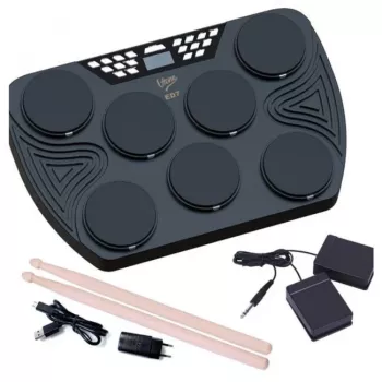 V-TONE ED7 Batteria elettronica portatile con USB-C, 7 pad in silicone, 2 pedali, 5 kit preimpostati, altoparlante integrato