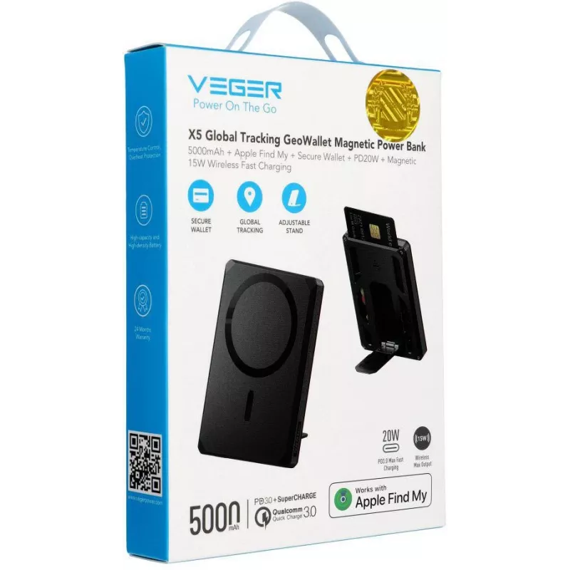 Veger GeoWallet Tracker X5 5000 mAh 20W PD QC 3.0 MFi MagSafe USB-C Power Bank - nero