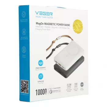 Veger MagOn Power Bank 10000 mAh Bianco - Compatibile MagSafe, PD QC3.0 20W Ricarica Wireless
