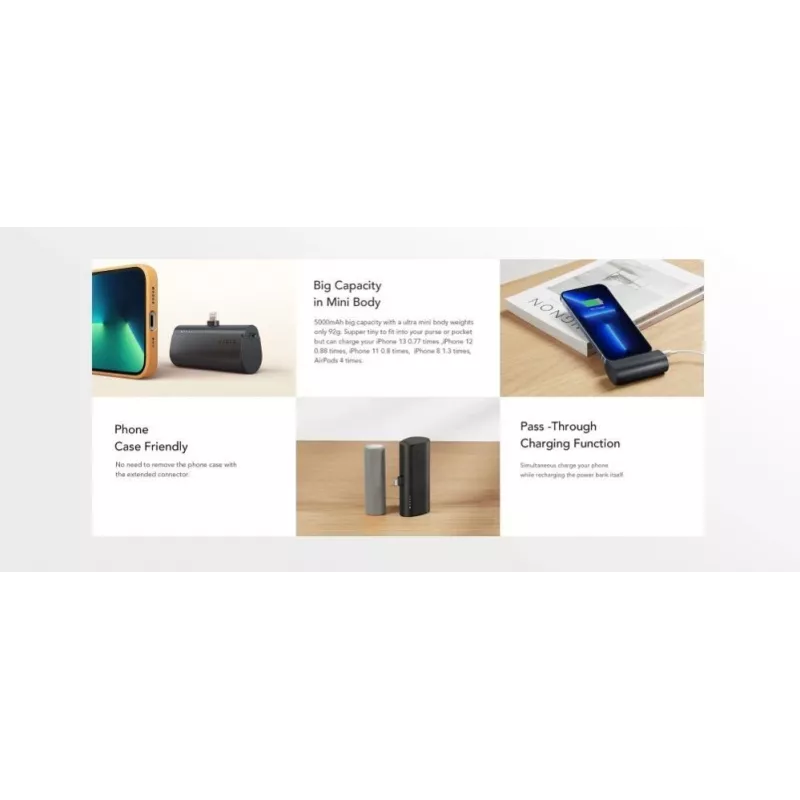 VEGER PlugOn power bank 5000 mAh 20W PD QC3.0 con connettore Lightning integrato nero