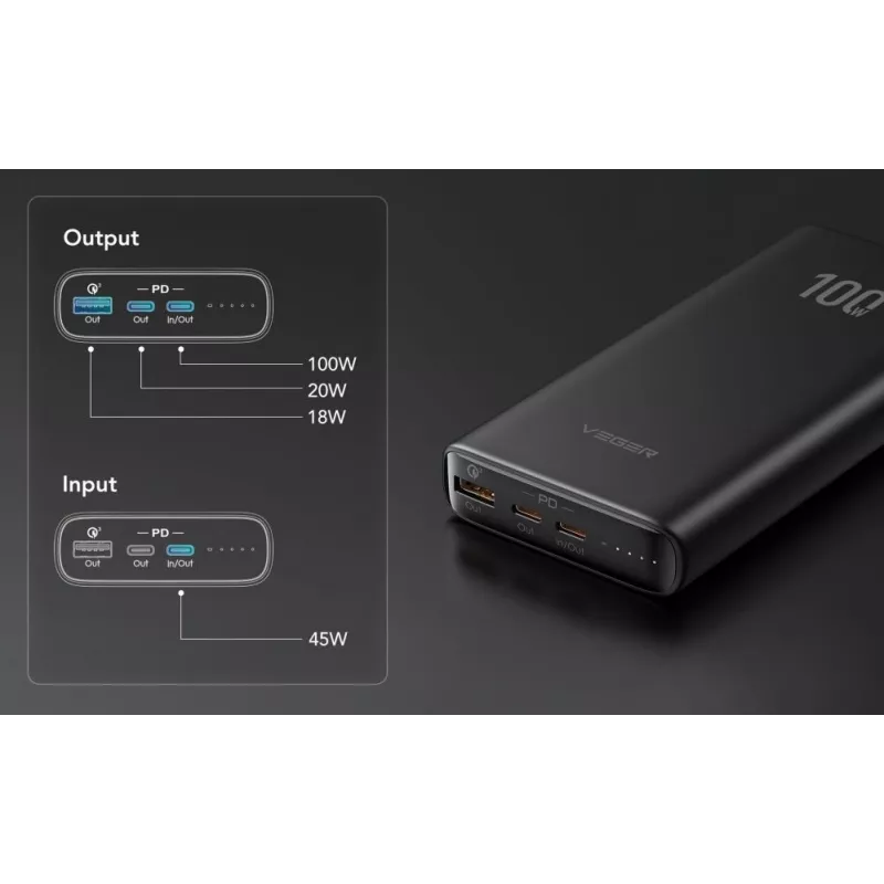 Powerbank Veger T100 (W2032C-100) PD QC3.0 5A 100W 20000 mAh nero