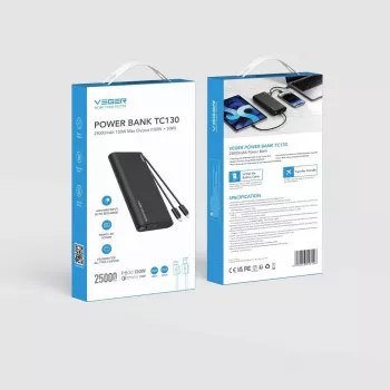 VEGER TCE130 130W PD power bank 25000mAh con cavi USB-C e Lightning integrati, nero