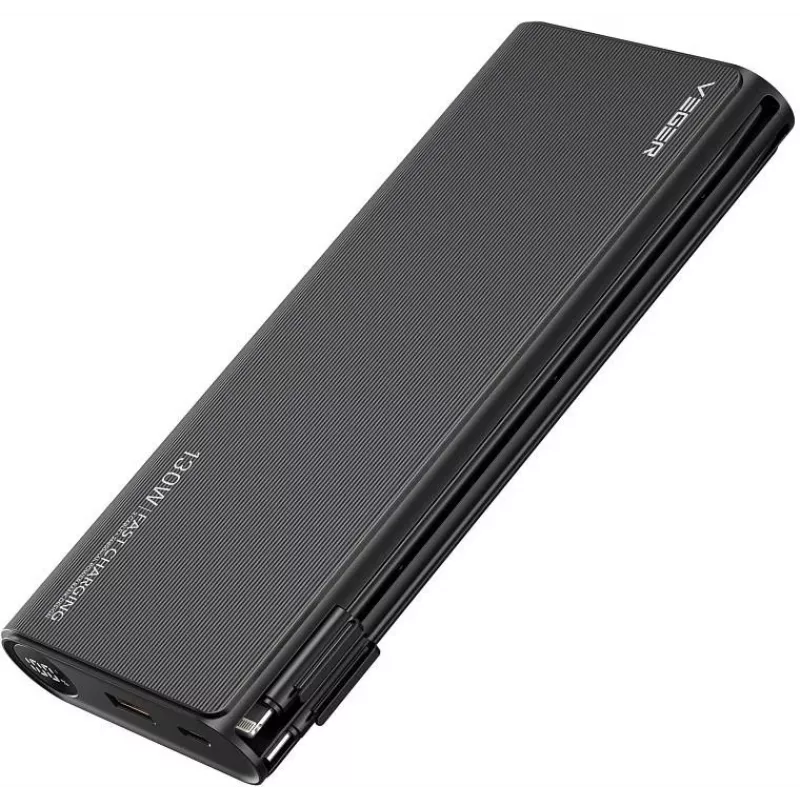 VEGER TCE130 130W PD power bank 25000mAh con cavi USB-C e Lightning integrati, nero