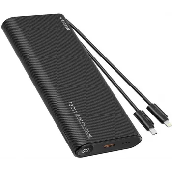 VEGER TCE130 130W PD power bank 25000mAh con cavi USB-C e Lightning integrati, nero