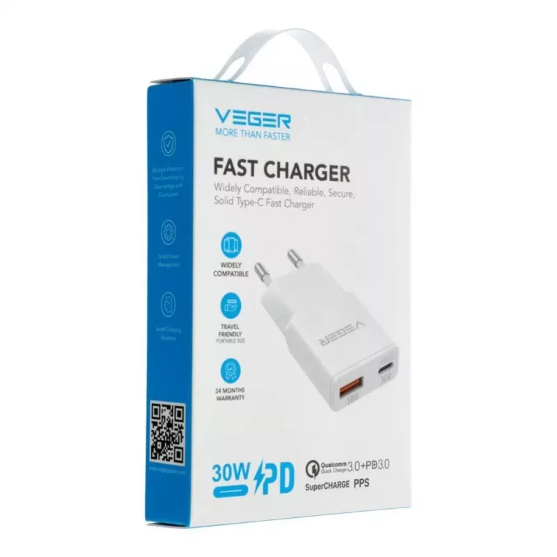 VEGER Caricabatterie da parete USB-A + USB-C QC PD 30W 30W1A1C bianco