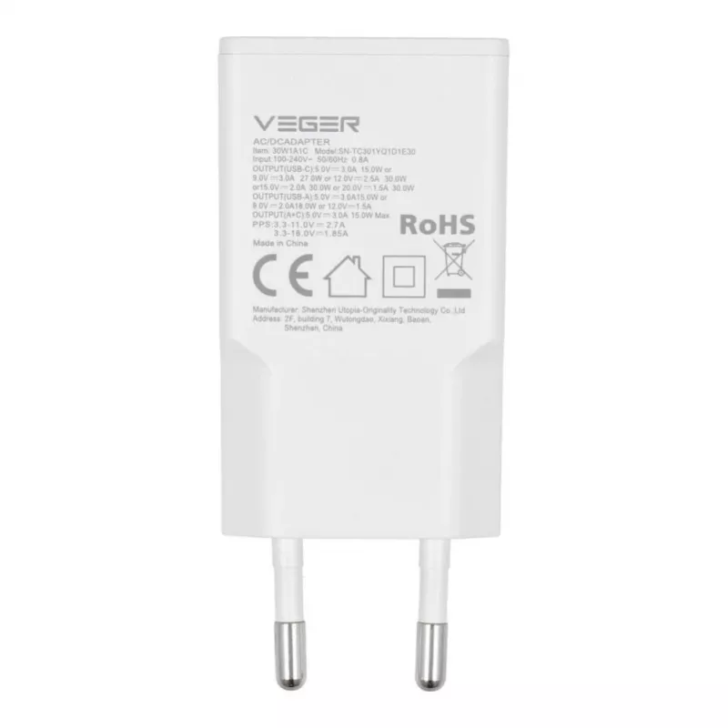VEGER Caricabatterie da parete USB-A + USB-C QC PD 30W 30W1A1C bianco