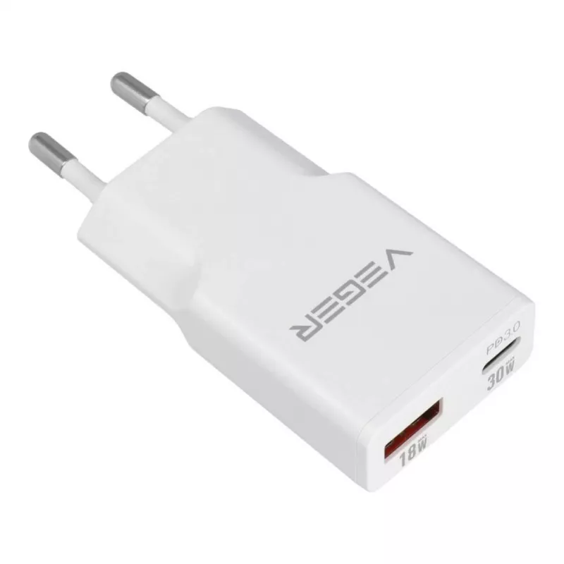 VEGER Caricabatterie da parete USB-A + USB-C QC PD 30W 30W1A1C bianco
