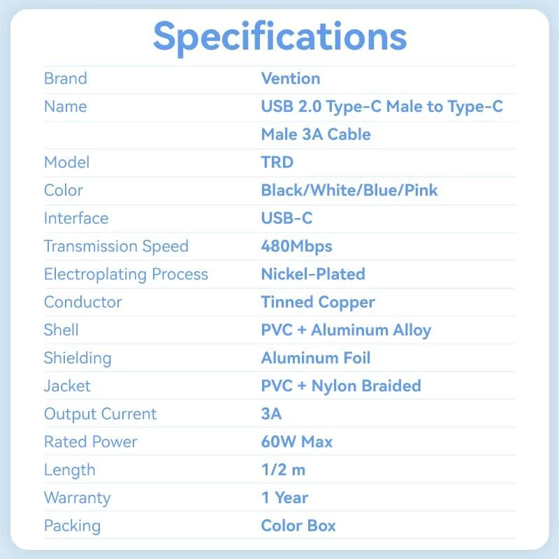 VENTION TRDBF cavo USB-C a USB-C 1m nero