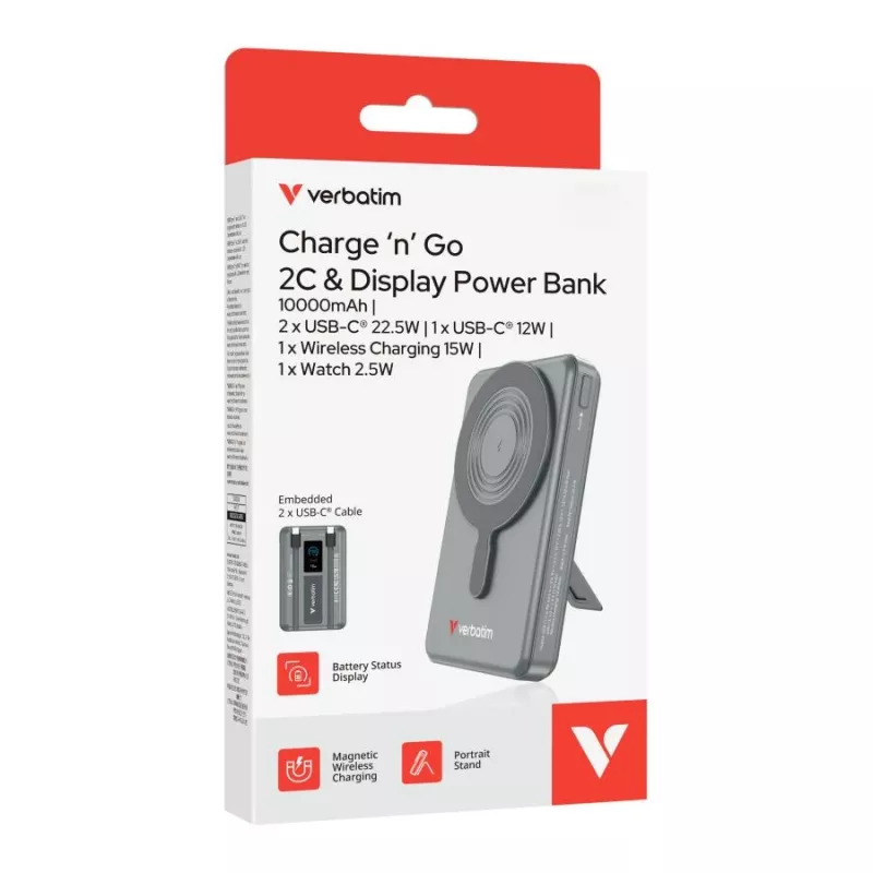 Verbatim Charge'n'Go powerbank 2C e display 10000 mAh grigio