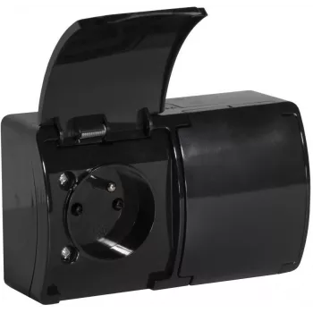 VIPLAST KOALA Presa doppia con contatto di protezione e coperchio a ribalta, nera, IP44, 16A, 230V, 2 prese