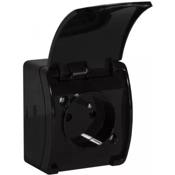 VIPLAST KOALA Presa singola da parete con contatto di protezione e coperchio a ribalta, nero, IP44, 16A, 250V, 2P+E