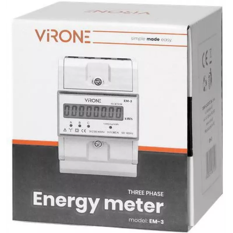 Virone EM-3 Contatore di energia trifase, 80A, 3 moduli, guida DIN TH-35mm