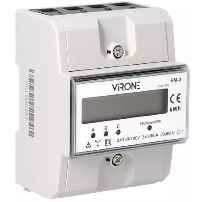 Virone EM-3 Contatore di energia trifase, 80A, 3 moduli, guida DIN TH-35mm